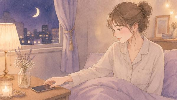 夜に好きな人とのLINEを終えて眠る準備をする女性