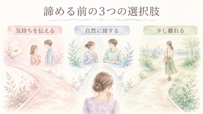 好きな人に好きな人がいるときの、気持ちを伝える、自然に接する、少し離れるという三つの選択肢の図