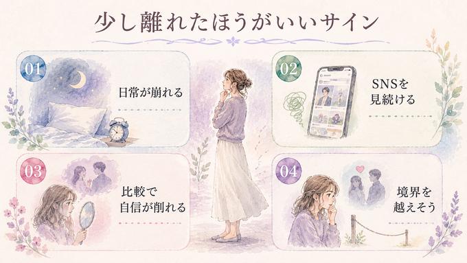 片思いから少し離れたほうがよい四つのサインを示した図