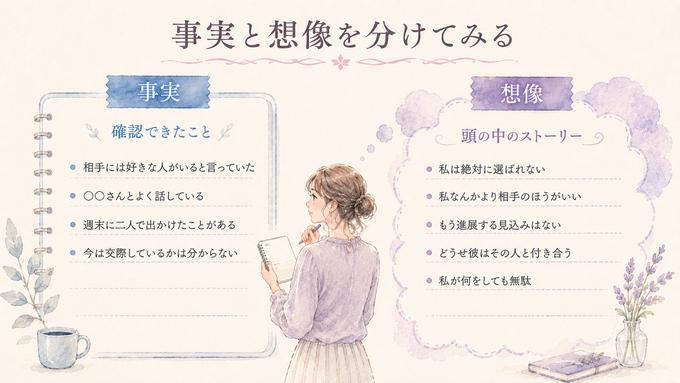 相手には好きな人がいるという事実と、私は絶対に選ばれないという想像を分けて考える図