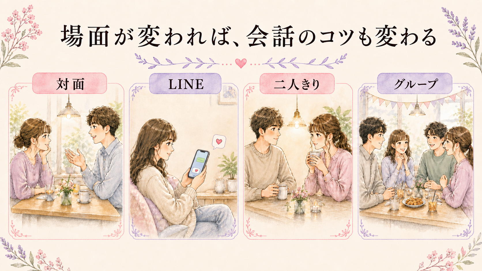 対面やLINEなど場面別の好きな人との会話のコツを比較した図解