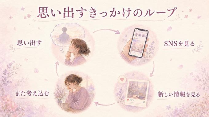 好きな人を思い出してSNSを見て再び考え込む流れを示した図解