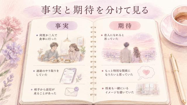 好きな人との出来事を事実と期待に分けて書く方法を示した比較図