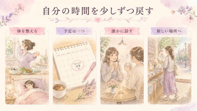 失恋後に自分の日常を少しずつ取り戻す四つの行動をまとめた図解