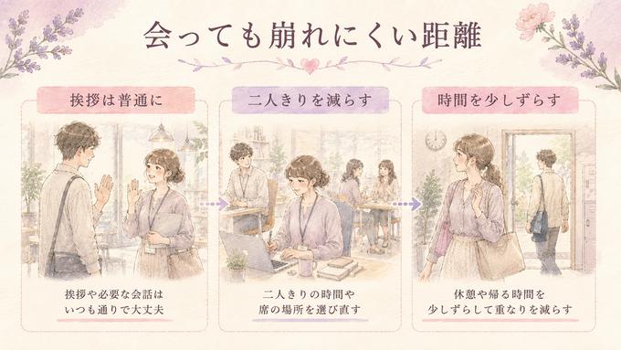 職場や学校で好きな人と適度な距離を取る三つの方法を示したイラスト図解