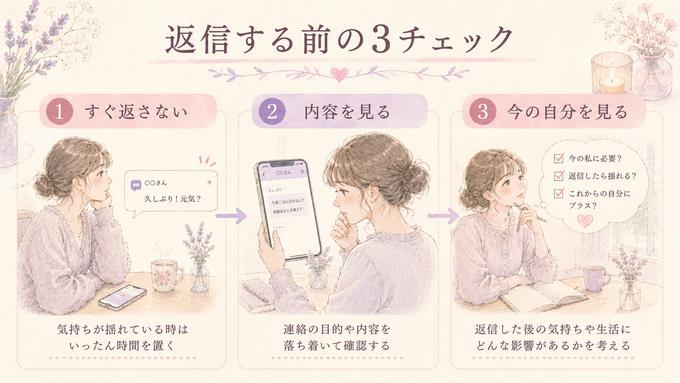 忘れたい好きな人から連絡が来たとき返信前に確認する三つの手順を示した図解