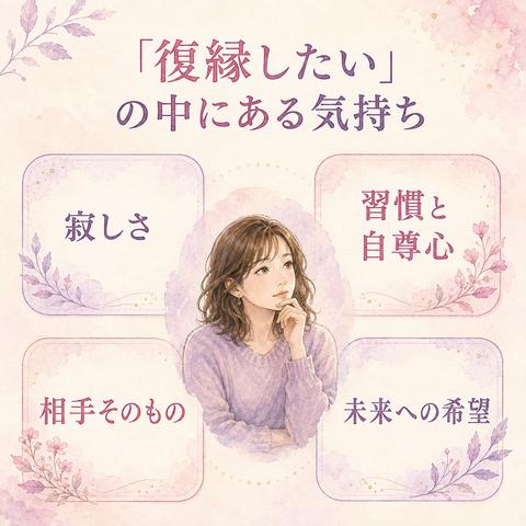 復縁したい気持ちを寂しさ、習慣と自尊心、相手への思い、未来への希望に分けた図