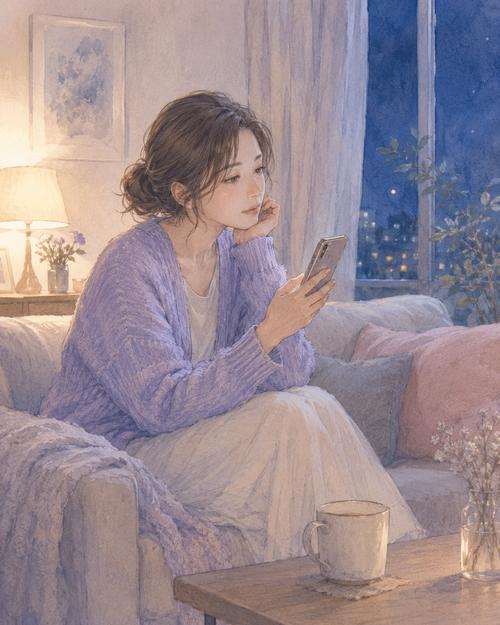 夜の部屋で通知のないスマートフォンを見つめる女性