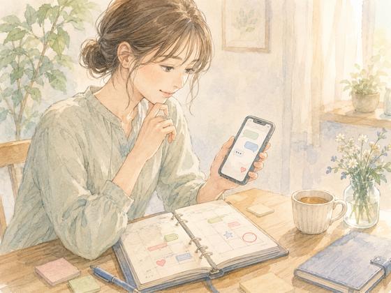 スマートフォンと予定表を見ながら連絡や会う時間を考える女性