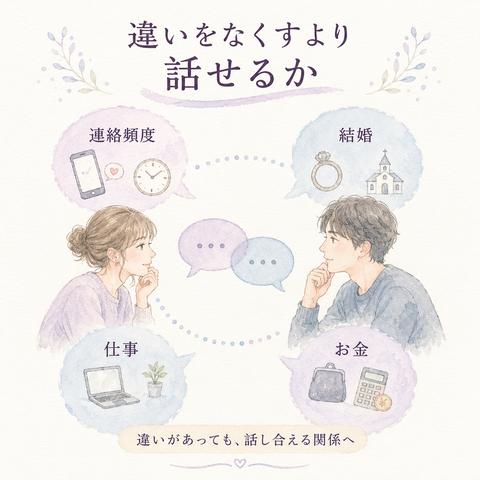 連絡頻度や結婚観など異なる価値観を二人で話し合う考え方の図