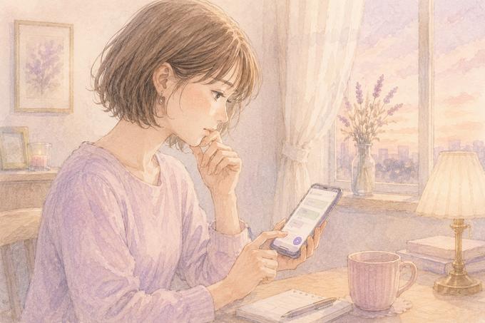 元彼へのメッセージを送る前にスマートフォンを手に考える女性