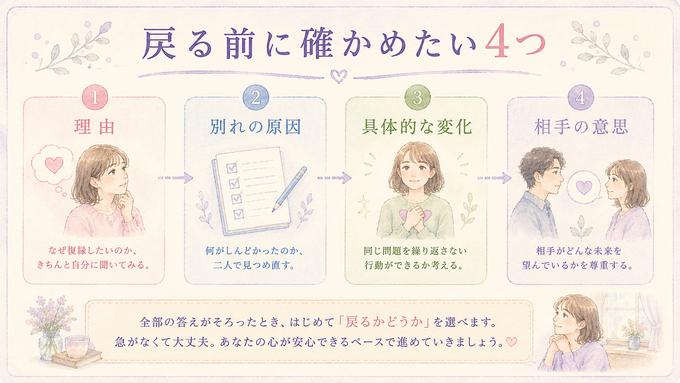 復縁したい理由、別れの原因、具体的変化、相手の意思の順に確認するまとめ図