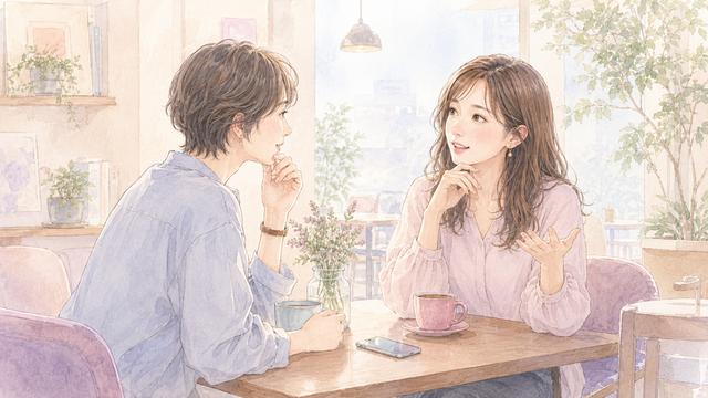 二人の会話で質問や話題が自然に行き来している様子のイラスト