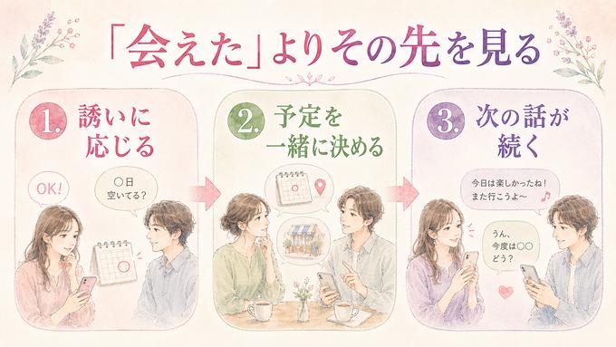 二人で会う予定が続いていく3つの流れを示した図解