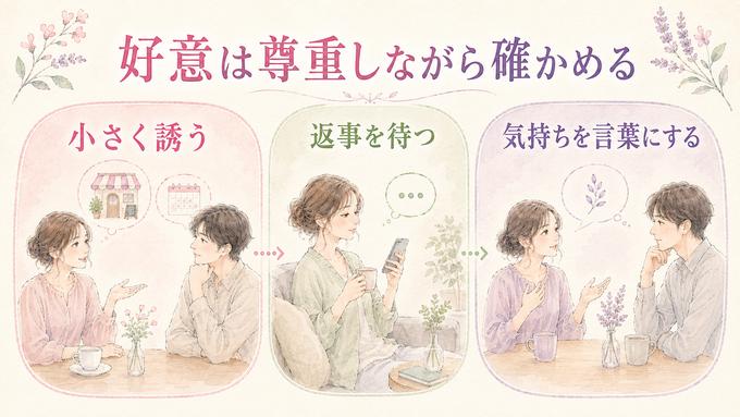 女性の好意を尊重しながら確かめる3つの段階を示した図解