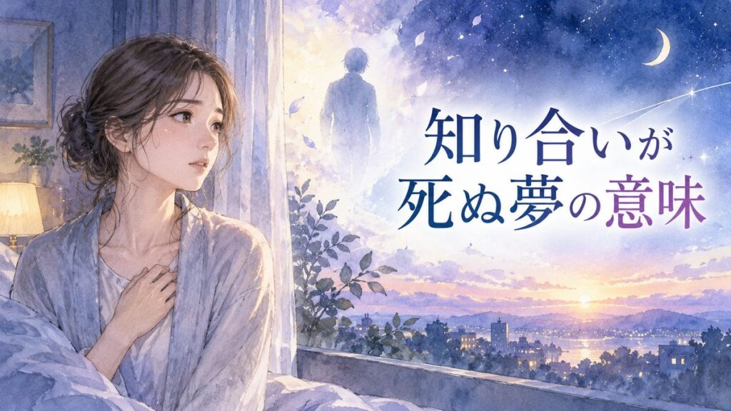 夜明け前の窓辺で夢の余韻を感じる大人の女性と、淡い光の向こうに浮かぶ知り合いのシルエット