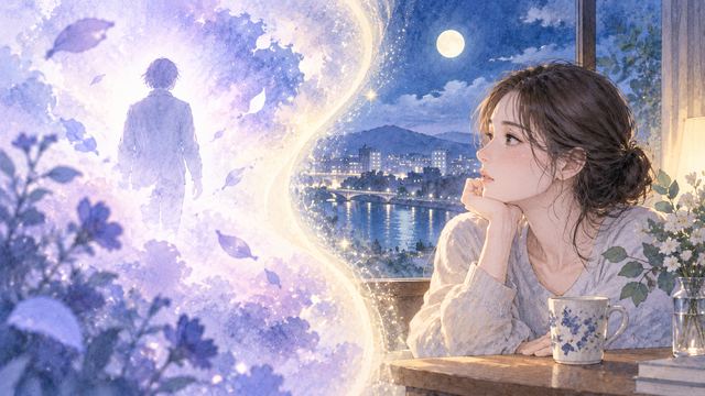 夢の人物シルエットと穏やかな現実の風景が淡い光で分かれている夜のイメージ