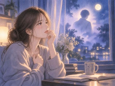 月明かりの窓辺で知り合いを思いながら静かに涙を流す人物の夢の場面