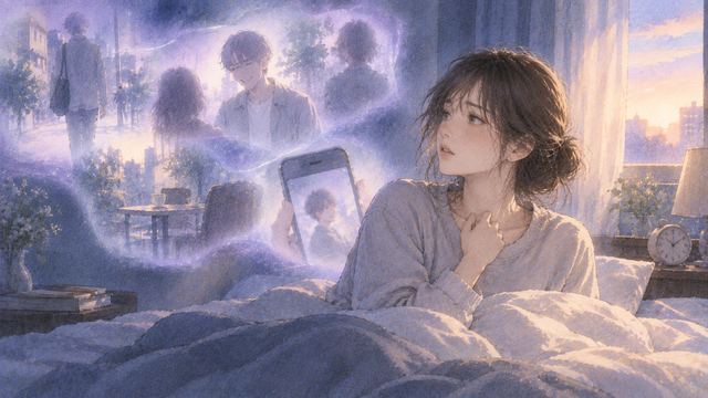 目覚めた人物の周囲に最近見た知り合いの記憶が半透明に重なる夜明けの場面