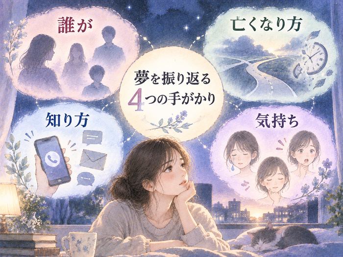 誰が、亡くなり方、知り方、気持ちの4つで夢を振り返る図解