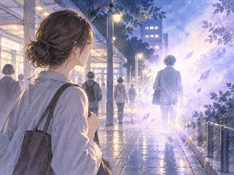 夜の通勤路でよく会う知り合いの姿が淡い光の向こうへ遠ざかる夢の場面