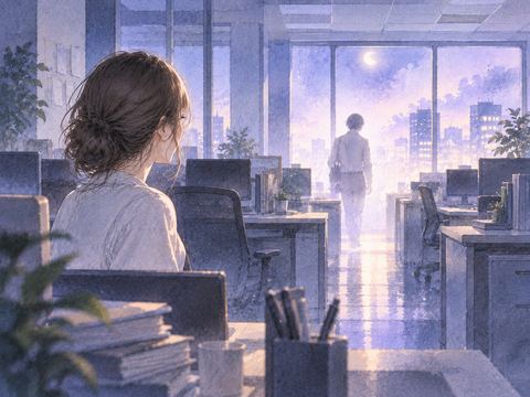 静かなオフィスで顔見知りの人物が遠くの席にいる夢の場面