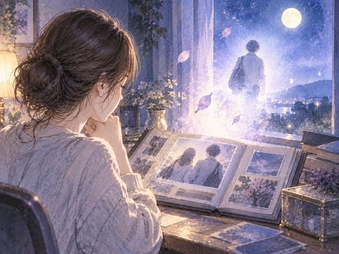 古い写真のような過去の知り合いの姿が夜の光の中で遠ざかる夢の場面
