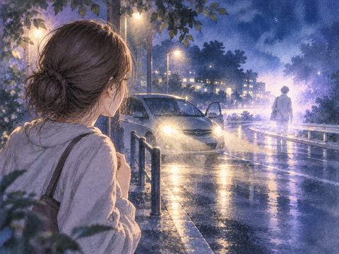 夜道で急停止した車と遠くの知り合いを見つめる夢の場面