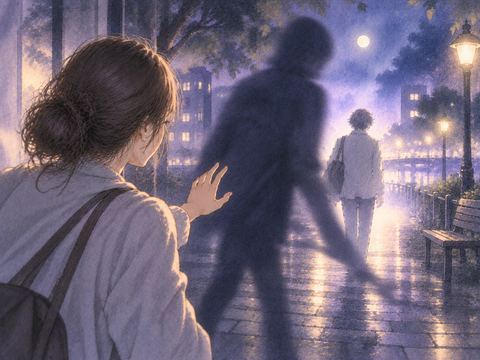 二人の間を大きな影が横切り知り合いが遠ざかっていく夢の場面