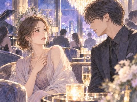 夜の華やかな会場で有名人らしい人物と距離を置いて向き合う女性