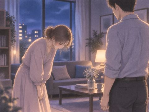 夜の部屋で向かい合う相手に頭を下げて謝る女性