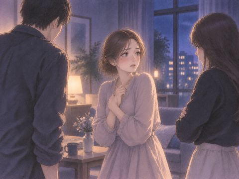 夜の部屋で険しい表情の複数人に囲まれ戸惑う女性