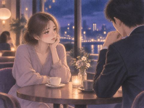 夜のカフェで既婚者らしい男性と距離を置いて座る女性