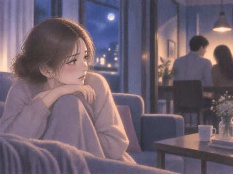 夜の部屋で遠くにいる夫らしい男性を不安そうに見る女性