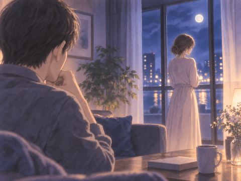 夜の窓辺で遠ざかる妻らしい女性を見つめる男性