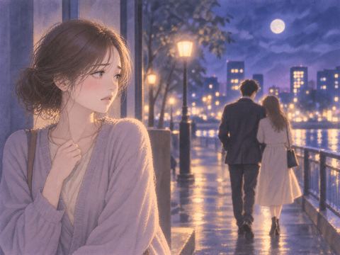 夜の街で遠くの二人を見つめ寂しそうに立つ女性