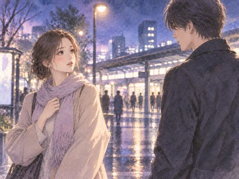 夜の駅前で昔の恋人らしい男性と再会し戸惑う女性