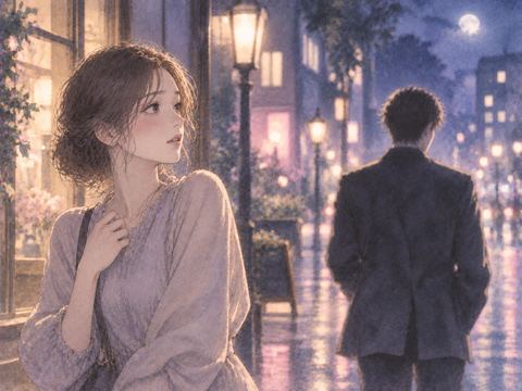 夜の街角で顔のはっきりしない知らない男性を見つめる女性