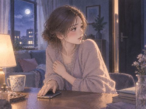 夜の部屋でスマホを伏せ周囲を気にする女性