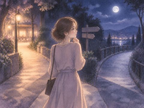 夜の分かれ道で二つの方向を見比べる女性