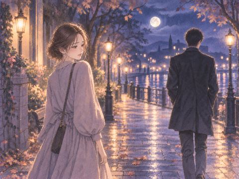 夜の道で別々の方向へ歩き出す男女