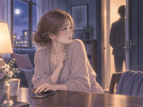 夜の部屋で秘密を知られたように息をのむ女性