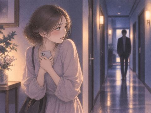 夜の廊下で足音を気にしてスマホを抱える女性