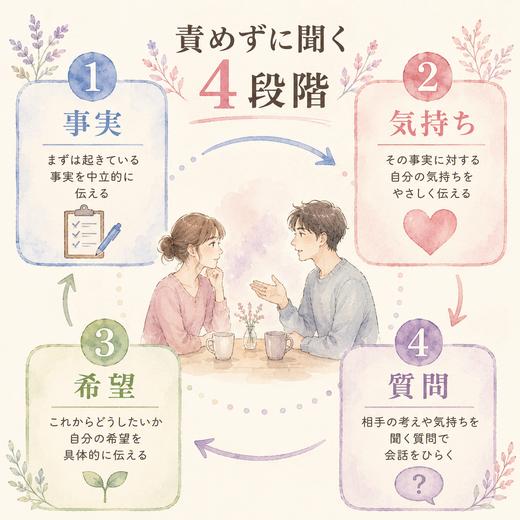 責めずに関係を聞く事実・気持ち・希望・質問の4段階図