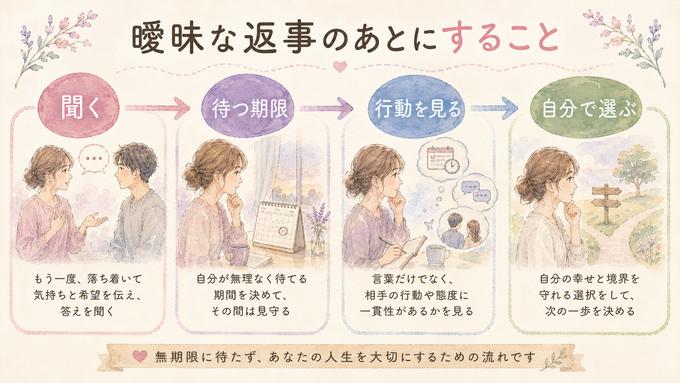 曖昧な返事の後に聞く・待つ・行動を見る・選ぶの4段階図