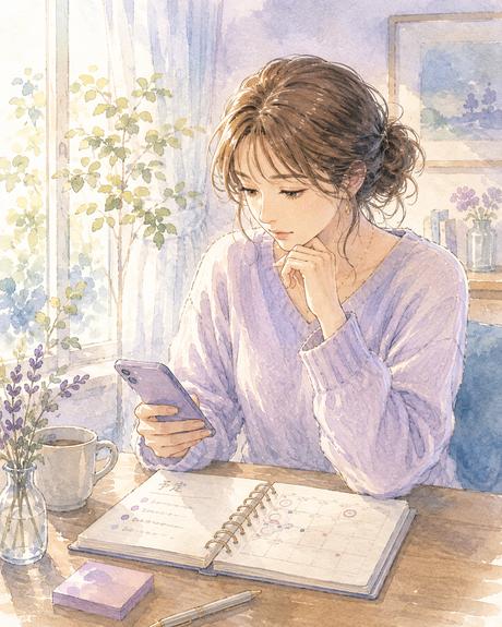 スマートフォンと予定表を見ながら相手の言葉と行動を考える女性