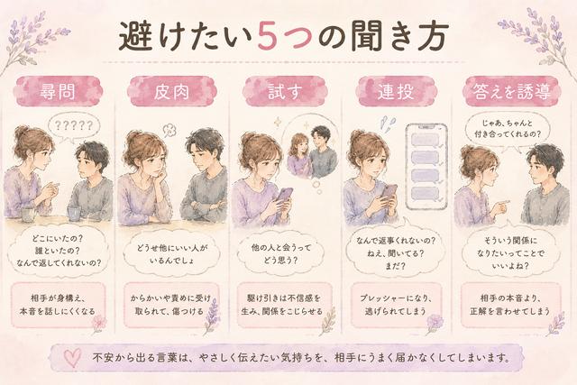 曖昧な関係を聞くときに避けたい尋問・皮肉・試し行動・連投・誘導の図