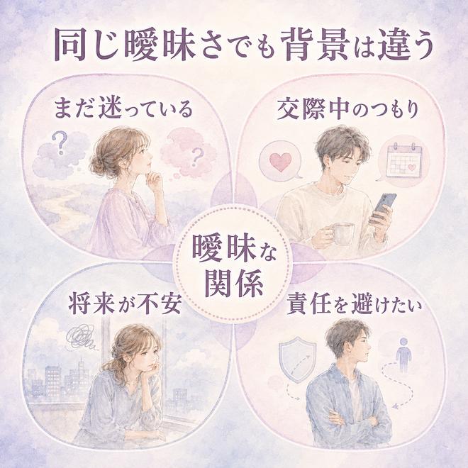 曖昧な関係に複数の背景があることを花びら状に整理したイラスト