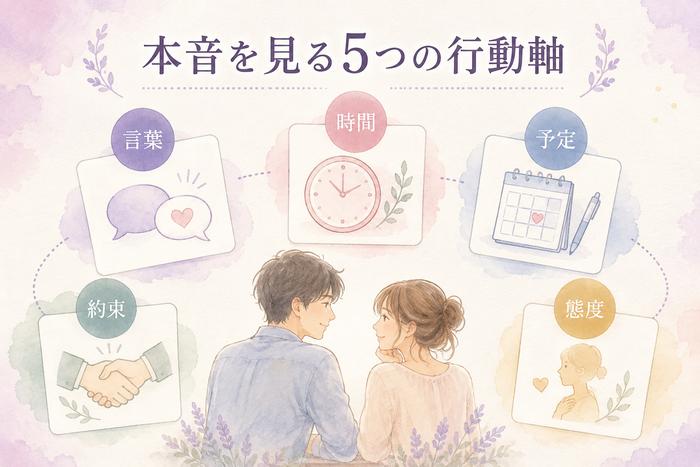 曖昧な関係で言葉と行動の一貫性を見る5つの判断軸を示す解説画像