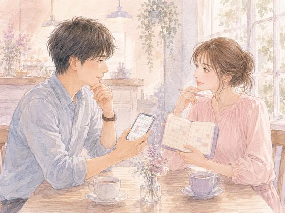 カフェでカレンダーを見ながら次のデート予定を相談する男女のイラスト